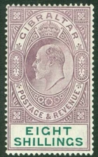 SG 74 Gibraltar 1906. 8/- purple & green. A fine fresh very lightly mounted...