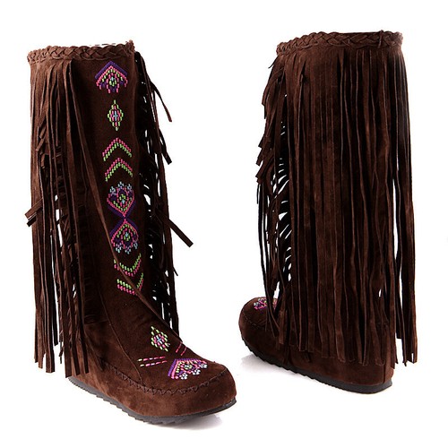 Mujer Bordados Indios Mocasines Planos Hasta la Rodilla Bota Borlas Zapatos Montar - Imagen 14 de 18