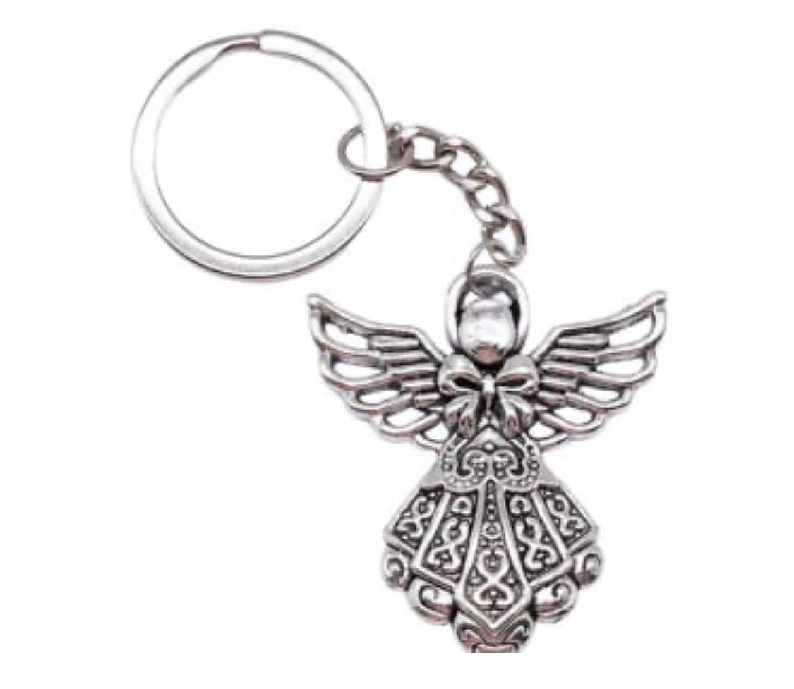 Silver Tone Guardian Angel Charm Keychain Key Ring With Free Gift Box