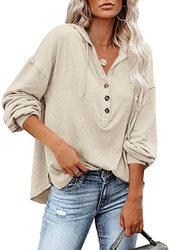 Womens Hooded Button Collar Drawstring Hoodies Pullover Sweatshirts Casual Long