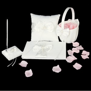 Wedding-Pearl-Bowknot-Guest-Book-Ring-Pillow-Pen-Stand-Flower-Basket-Set