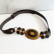 Chico's Brown Leather Belt Size M/L Hook Hip Waist Buckle Embellished Adjustable