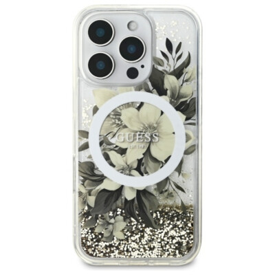 GUESS iPhone 16 Pro Hülle Case Cover MagSafe Liquid Glitter Flower beige