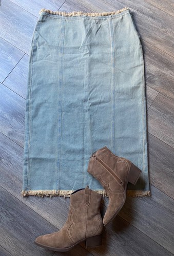 h&m denim skirt midi maxi fringed long slit western cowgirl uk 18 new on trend - Picture 10 of 20