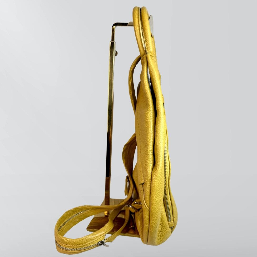 VALENTINA Italian Leather Multifunctional Backpack Sling Shoulder Bag Yellow Valentina Convertible Backpack Sling Bag Yellow Pebbled  main image 2
