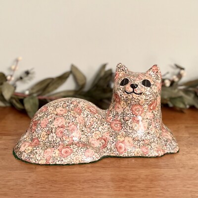 Vintage Ceramic Cat Pink Green Floral Chintz Kitten Lying Down