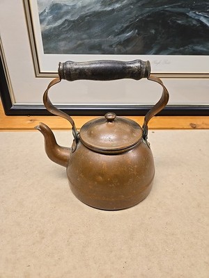 Antique Copper Kettle Tea Pot Wooden Handle Primitive Country 7'' Farm Portugal 