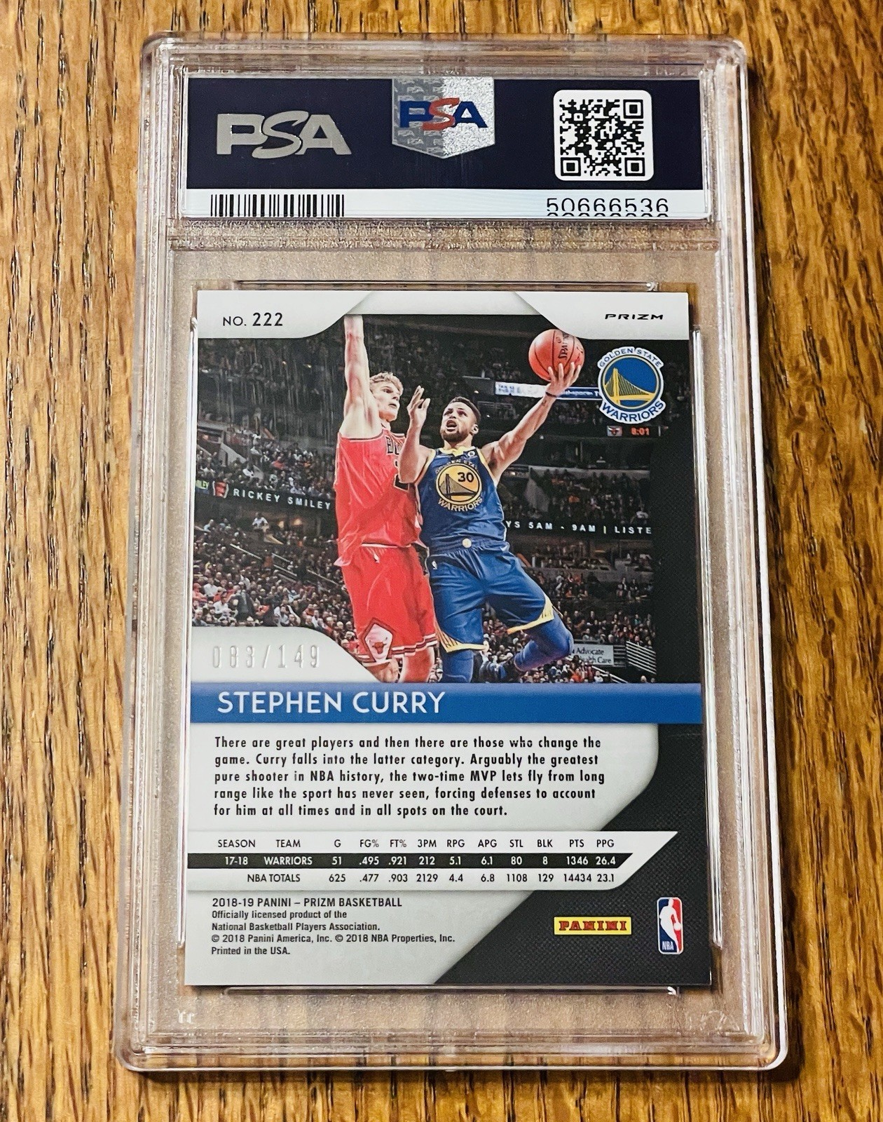 2018-19 Panini Prizm Stephen Curry #222 Purple Ice /149 PSA 9 Mint view 2