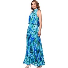 Xscape Halter Mock Neck Floral Printed Chiffon Turquoise Navy Blue Gown Size 10