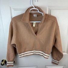 New NWT Women's Offline Aerie Cropped Collared Sweatshirt White Tan XS