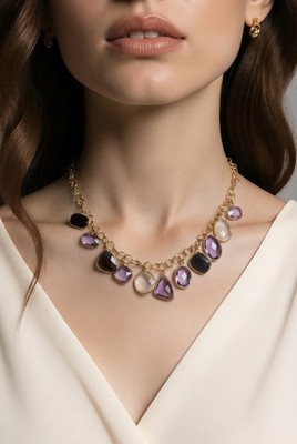 $49 LOFT GoldTone Statement Necklace Purple Gemstone MultiColor Shell Charms S58