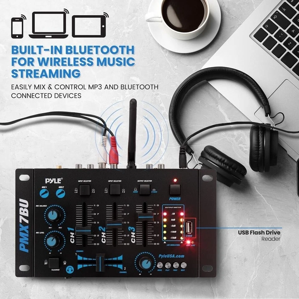 Pyle Bluetooth 3-Channel DJ MP3 Mixer, Mic-Talkover, USB Flash Reader - Image 4 of 4