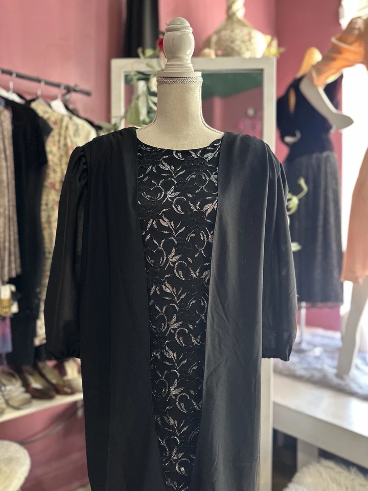 Mini Vestido Vintage Años 80 Talla Grande Negro Plata Cintura Caída Noche Cóctel 4X Foto 3 de 4