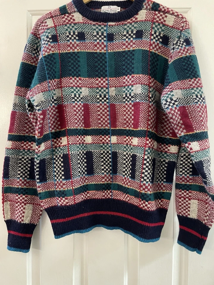 Vintage Neiman Marcus Shetland Wool Sweater Multicolor Geometric Made HK M - Image 2 of 4
