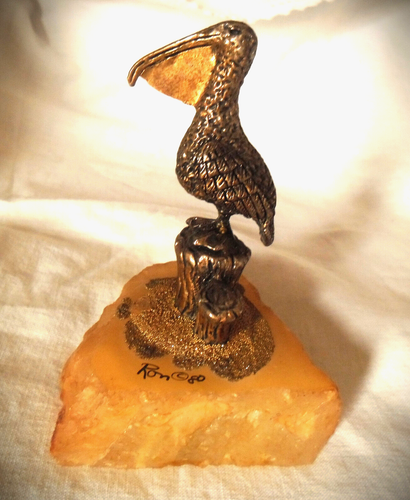 Ron Lee Brass Pelican Figurine 1980 Stone Signed Quartz Base Excellent! - Picture 2 of 4