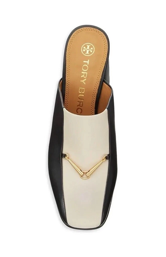 TORY BURCH MULO EQUESTRE MAGLIE 80 MM POMPA PELLE NERO DULCE DE LECHE TAGLIA US 7 5