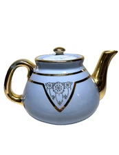 VTG Fraunfelter China Periwinkle & Gold Teapot #312 Ohio, USA Art Deco 8.25"
