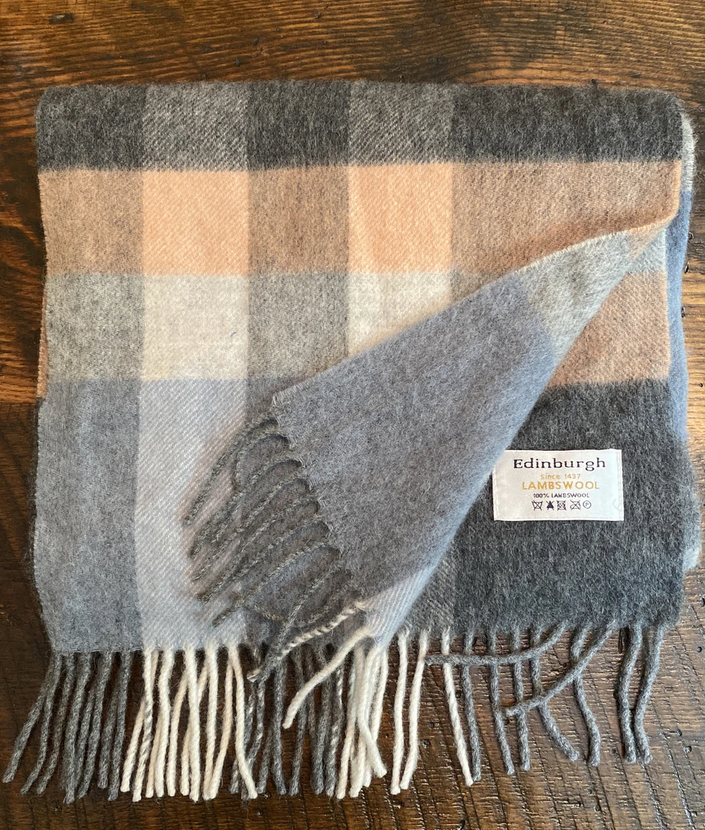 EDINBURGH 100 LAMBSWOOL Gray Pink Blue Plaid Check Fringe Scarf Wool 11 x60 EUC