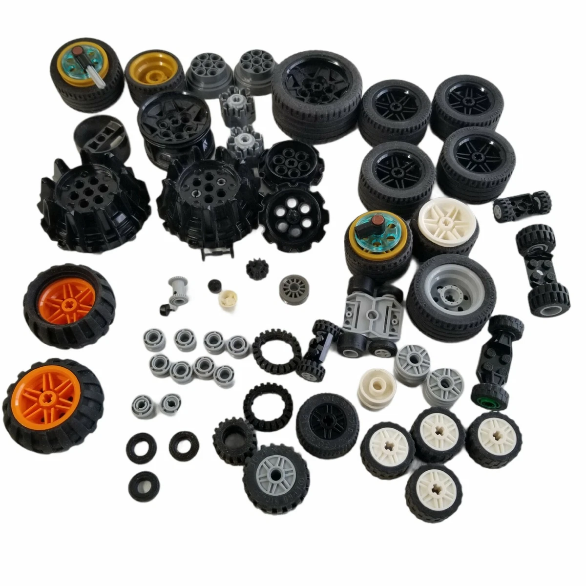 LEGO Wheels Tires Rims Pieces Parts Bulk Lot 52 Assorted Sizes Legos Rubber Tire