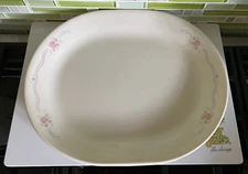 Corelle English Breakfast 12 1/4" x 10" Serving Platter, Pink Roses Blue Ribbons