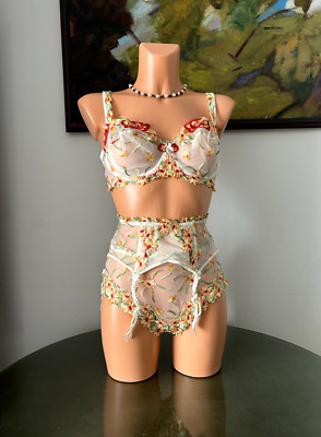 NWT Lise Charmel PASSION SLAVE Bra/Panty/Thong/Garter Belt Set, 36D / L / L / L