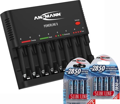 Ansmann Powerline 8 Battery Charger with 8x 2850 Slimline Rechargeable Batteries