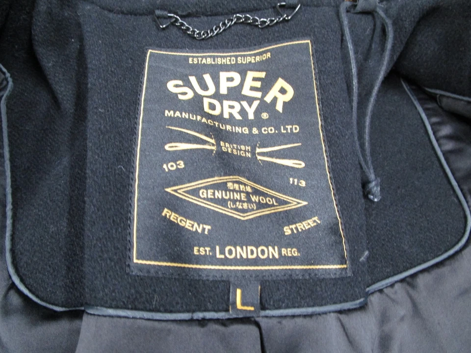Superdry Jacket Mens Large Black Wool Blend Double Breasted Pea Coat Military - Image 2 of 4
