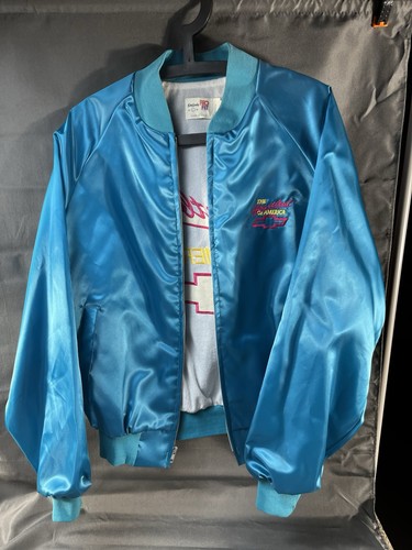VTG 80s Chevrolet Bomber Jacket Mens Turquoise Satin King Louie USA Made Size L - Picture 2 of 18
