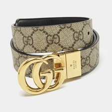 Gucci GG Marmont 75 CM Reversible Buckle Belt BeigeBlack GG Supreme Canvas and
