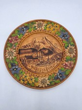 Vtg German Hand Painted  Etched Wood Wall Plaque Depicting Town In Alps