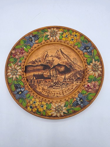 Vtg German Hand Painted & Etched Wood Wall Plaque Depicting Town In Alps