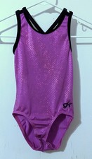 GK Elite Gymnastics Leotard Foil Pink Black Trim Cross Back Size AXS