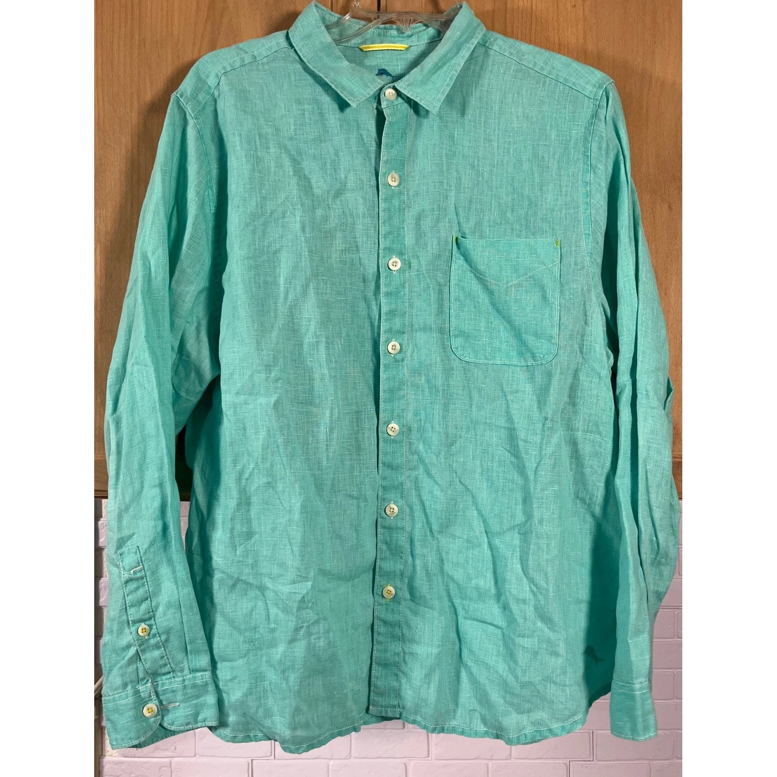 Tommy Bahama Button Down Shirt Mens XL Green Linen Long Sleeve Pocket