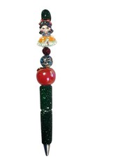 Kawaii Green Pen   Apple Charm   Leopard Print Bead   Cute Beaded Writing Pen