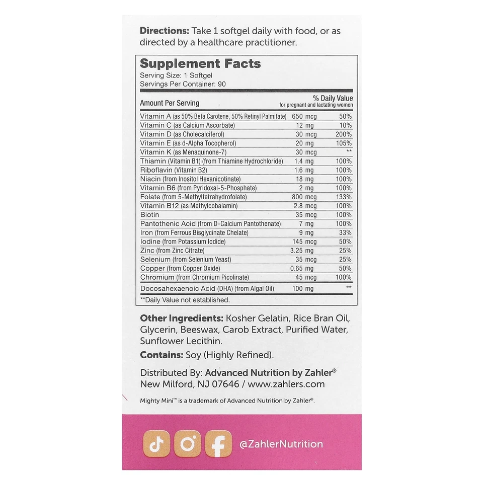Zahler Mighty Mini Prenatal DHA 100 mg 90 cápsulas blandas sin gluten, Foto 2 de 3