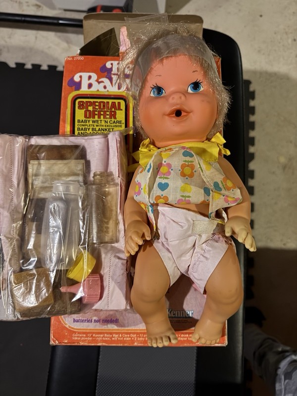 vintage 1978 Kenner Baby Wet and Care doll with accessories and original box.