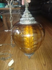 Vintage Amber Bubble Glass Swag Pendant Lamp with Ornate Brass Cap — listing 2