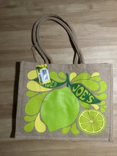Trader Joe’s Lemon Lime Jute Burlap Tote Bag Reusable Grocery Shopper NWT