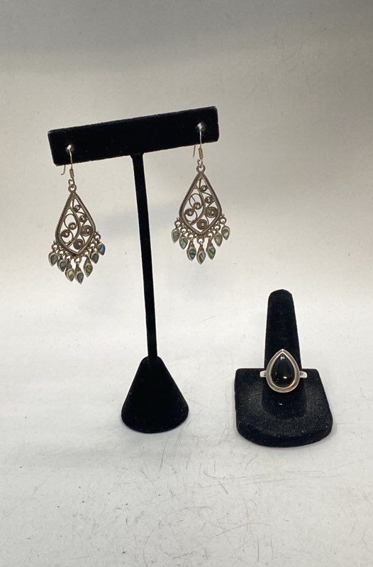 Sterling Silver 925 Abalone Filigree Earrings & Teardrop Black Stone Ring Size 7