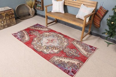 Turkish Rug, 3,2x6,4 ft Accent Rug, Red Blue Wool Rug