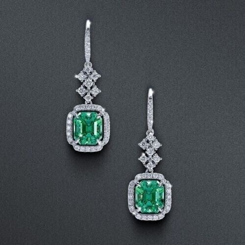 3CT Asscher Cut Simulated Green Emerald Drop Earrings In 14K White Gold Plated - Picture 4 of 5