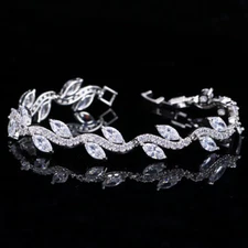 Silver Plated Cubic Zircon Leaf Bracelet Bridal Wedding Bangle for Brides Party