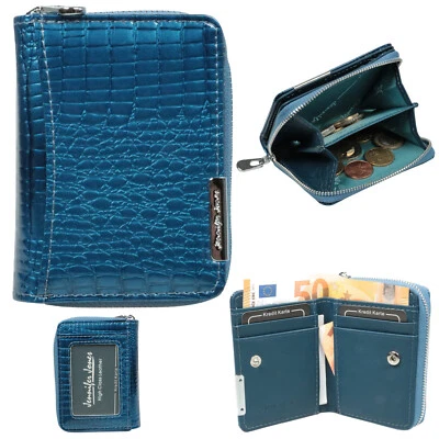 JENNIFER JONES Kleine Geldbörse Minibörse Lack Echt Leder Kroko Luxus Blau Damen Portemonnaie