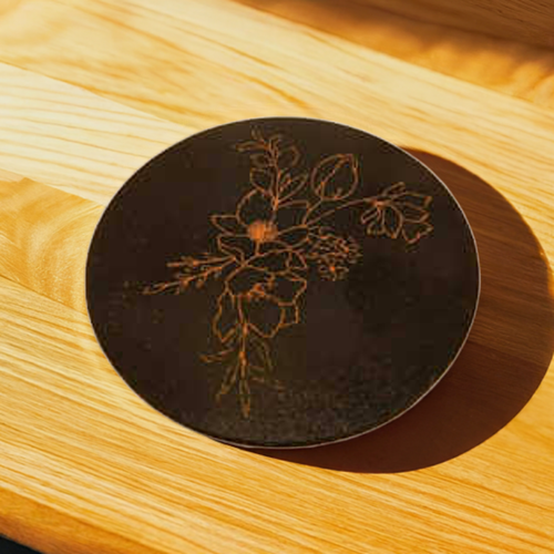 Set of 5 Round Wood Drink Coasters. Stylish. Bumper Feet. Flower Collection. - Picture 6 of 9