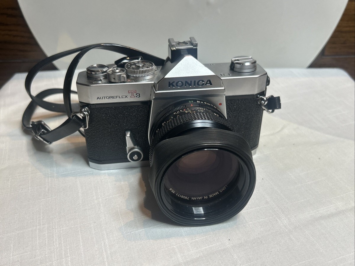 Konica Autoreflex T3 SLR Film Camera Silver With 4 Lenses and 3