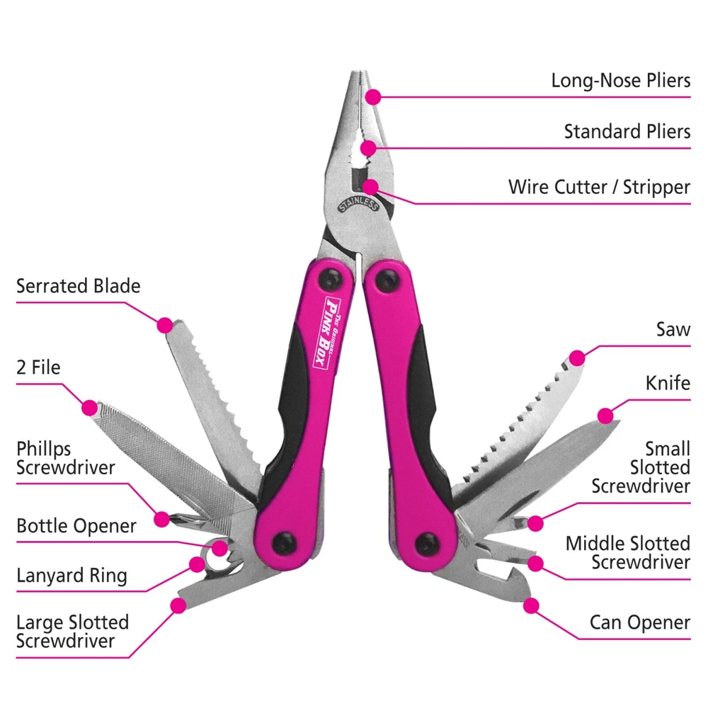 Multi-Tool With 14 Stainless Steel Tools, Aluminum Body, Pink
