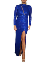 Women's Long Sleeve Formal Blue Evening Dress , Teal Sequin Gown with High Slit