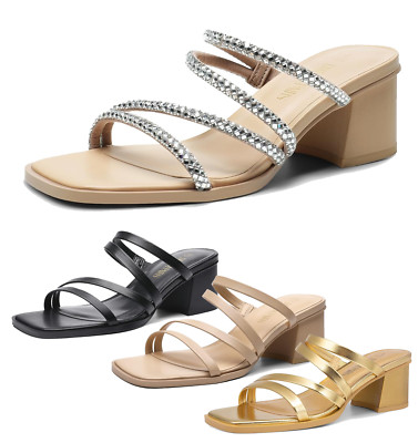 Women Dress Sandals Low Chunky Block Heel Open Toe Strappy Mule Heel Sandals