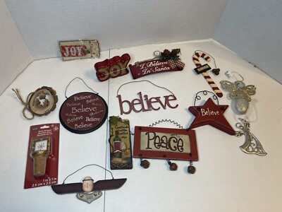 Christmas Ornaments Signs- Believe- Joy- Santa-Wine Cork-Angels- Lot Of 14