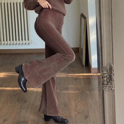 Vintage High Waist Corduroy Flare Pants Bell Bottom Ribbed